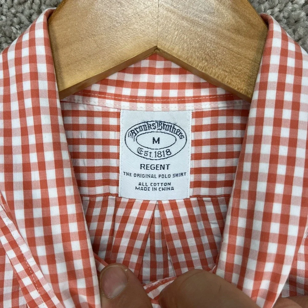 Brooks Brothers Shirt Mens M Orange White‎ Gingham Long Sleeve Button Down EUC